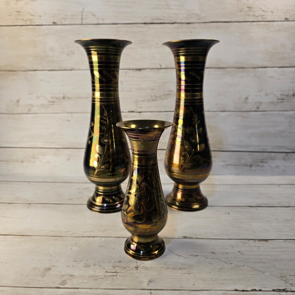 Vintage Etched Brass Bud Vase Set 3 India Iridescent Peacock Oil Slick Floral